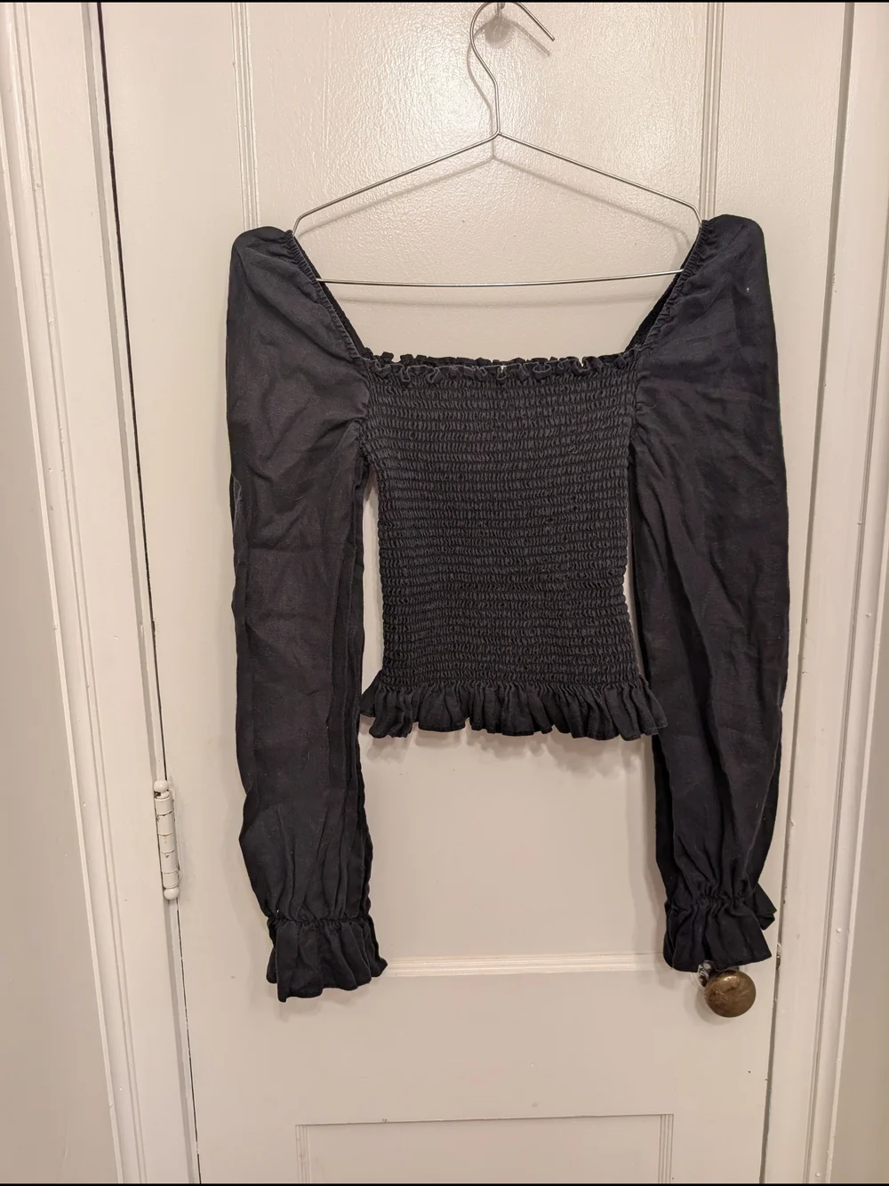 Reformation Tangerine Top In Black Linen Smocked Square-Neck Long-Sleeve Top